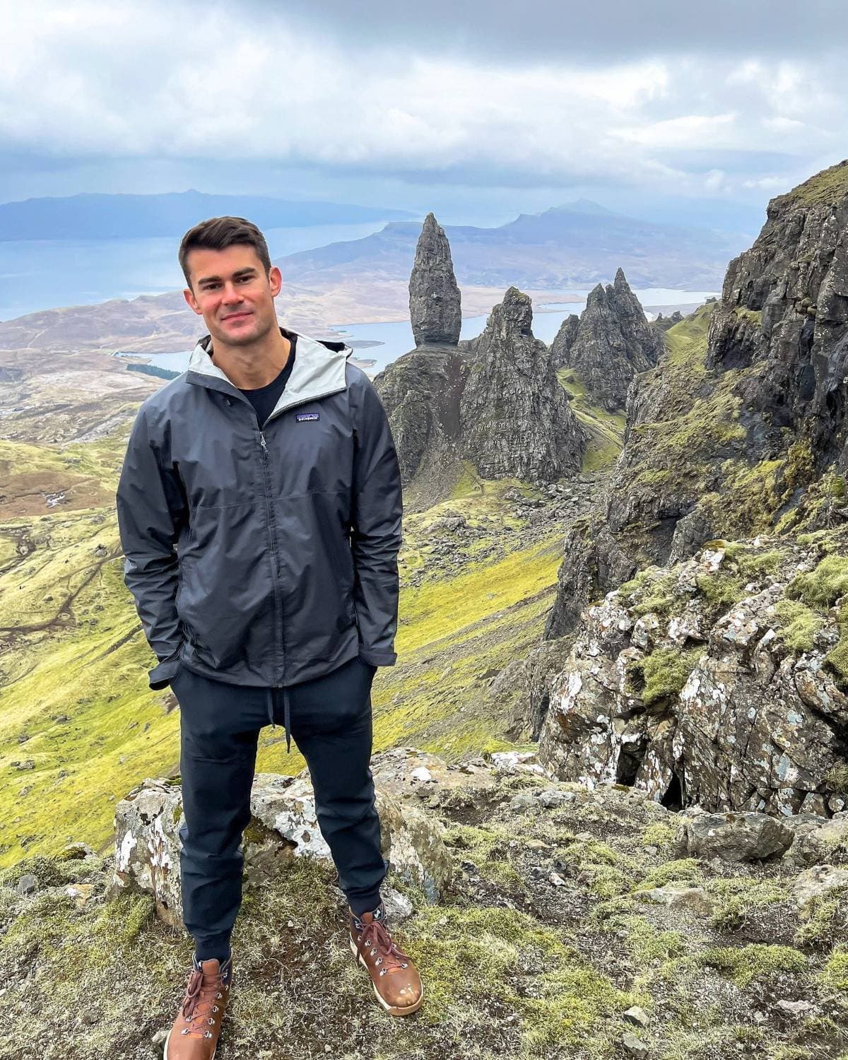 Billy standing above the Old Man of Storr on the Isle of Skye